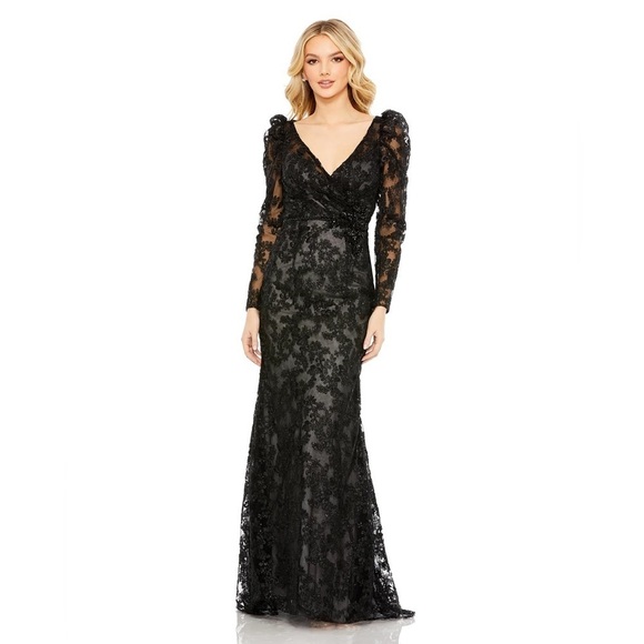 Max Duggal 11324 NWT EMBROIDERED LACE PUFF SLEEVE WRAP OVER GOWN - Picture 1 of 12